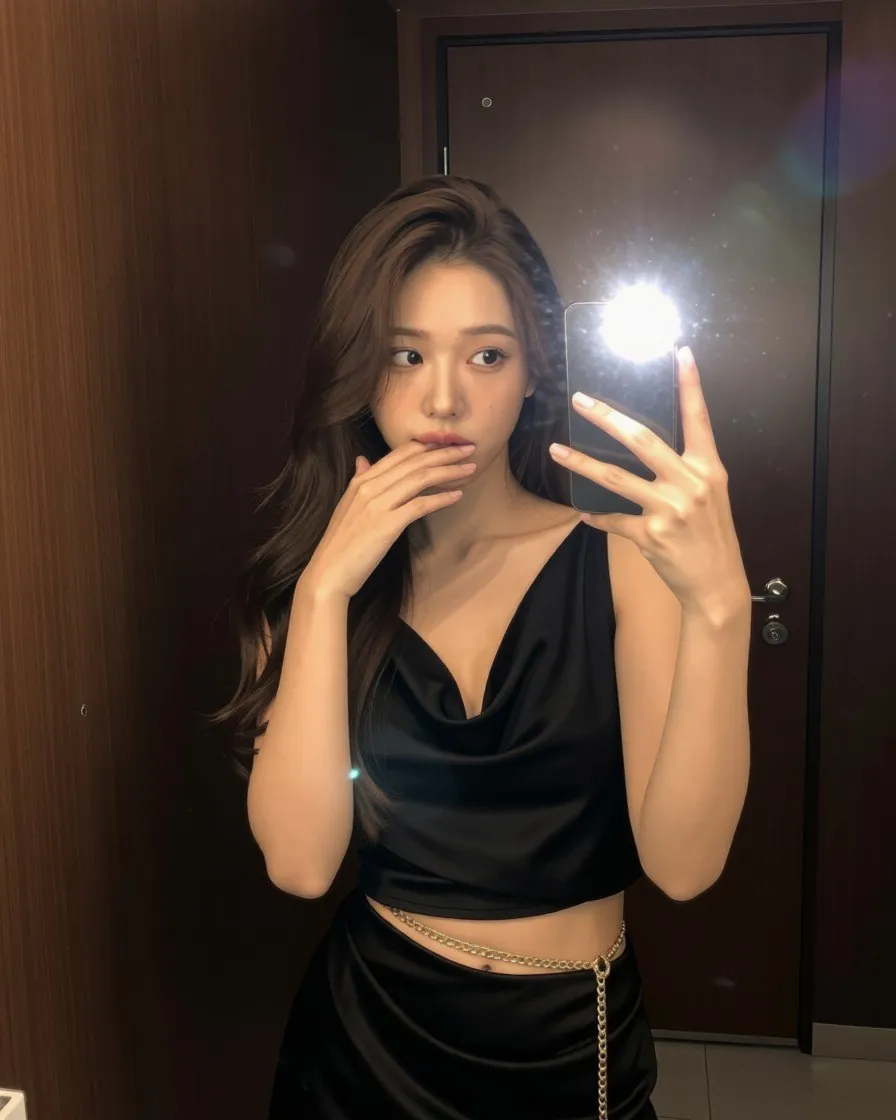 검은 카울넥 상의 차림으로 플래시를 터뜨려 거울 셀카를 찍는 여성