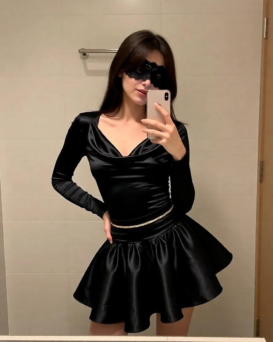 레이스 가면을 쓰고 검은 새틴 상의 차림으로 거울 앞에서 휴대폰을 든 여성