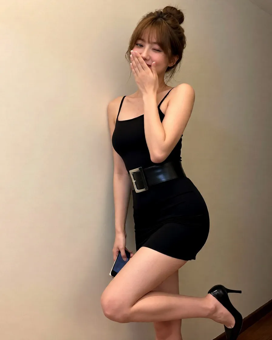 검은 벨트 원피스 차림으로 손으로 입을 가리고 웃는 여성
